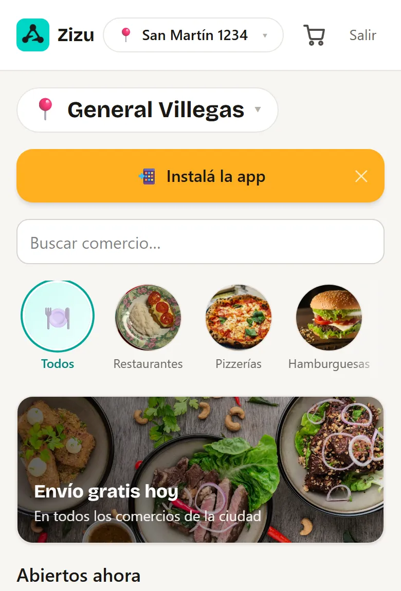 La app instalada en el celular, con la invitación a instalarla, el buscador de comercios y las categorías