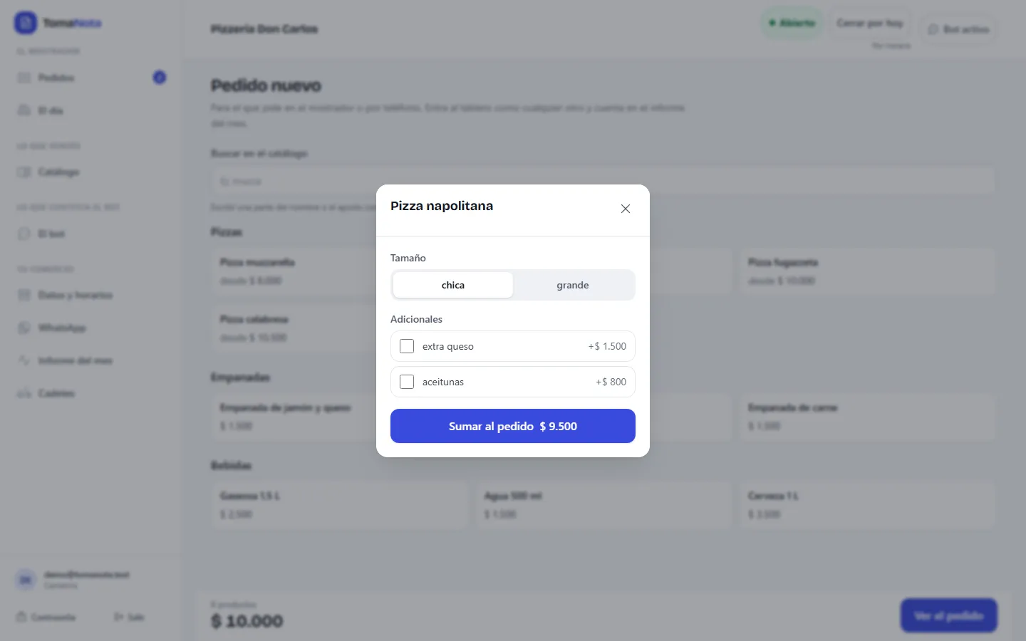 Carga de un pedido de mostrador, eligiendo el tamaño de la pizza y los adicionales, con el precio calculado por el sistema