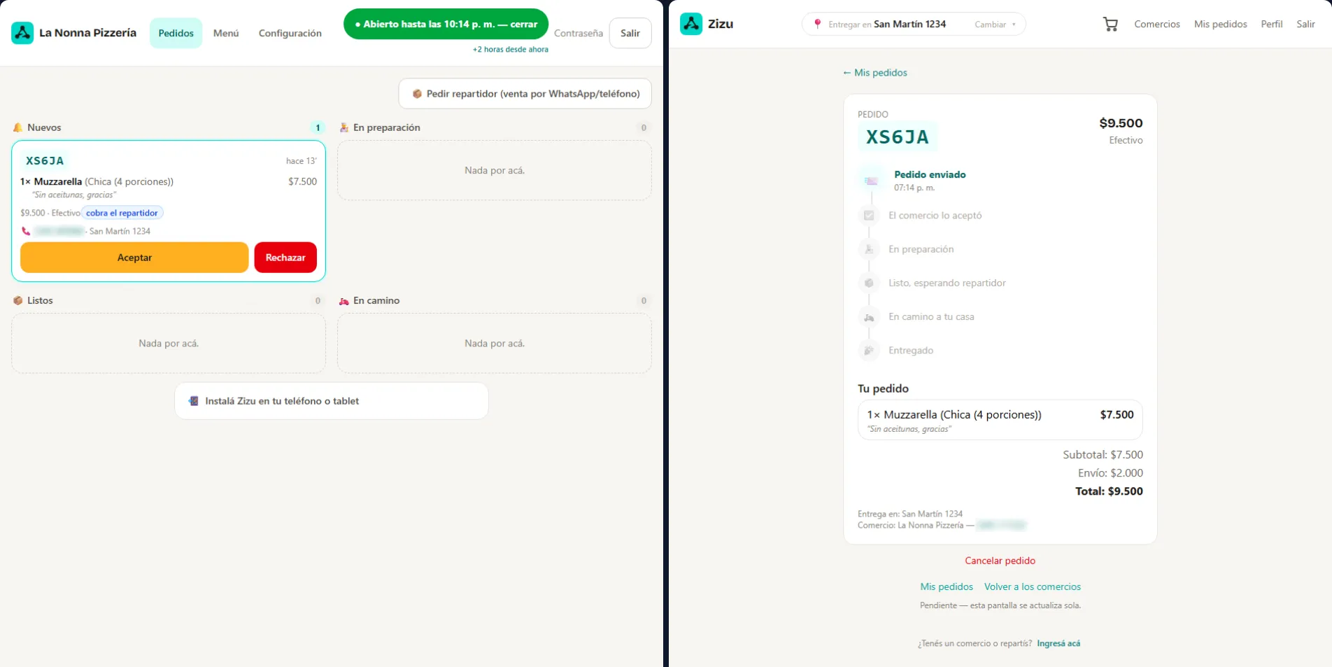 A la izquierda, la pantalla del comercio recibe un pedido nuevo para aceptar o rechazar; a la derecha, el cliente sigue el mismo pedido paso a paso, en vivo