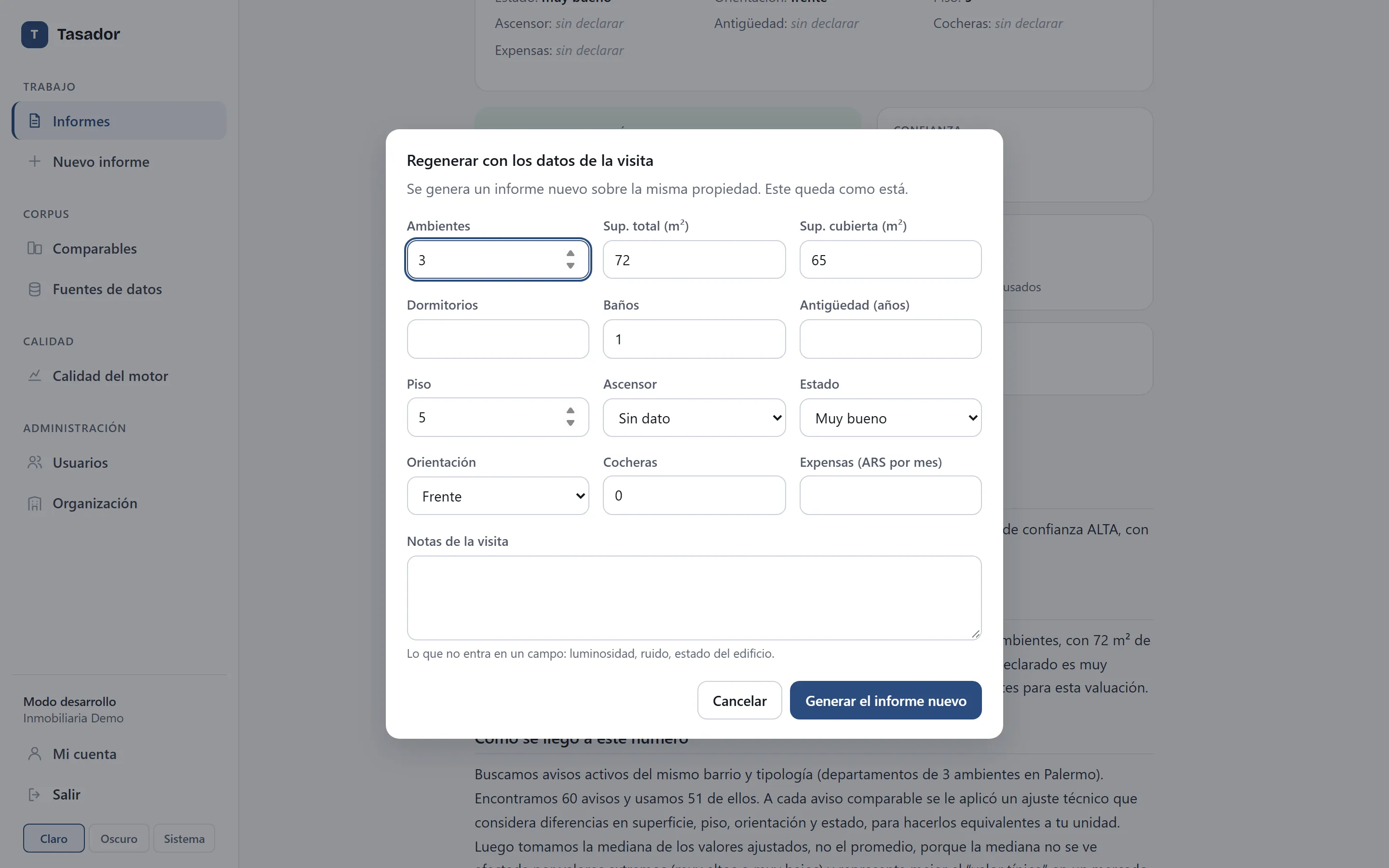 Diálogo para regenerar el informe con los datos de la visita, con ambientes, superficies, piso, estado, orientación y notas