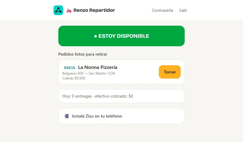 Pantalla del repartidor disponible, con un pedido listo para retirar, el recorrido y el monto a cobrar